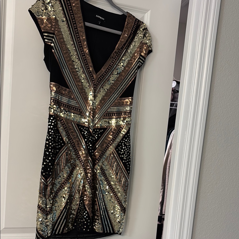 Express Black and Gold Sequin Bodycon Mini Dress